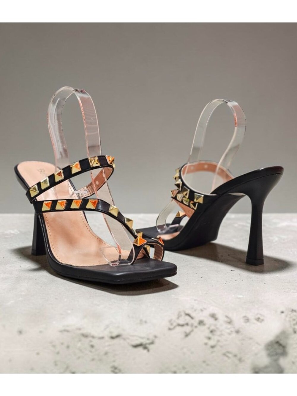 Black Studded High Heel Sandals With Straps And Square Toe Design For Women
